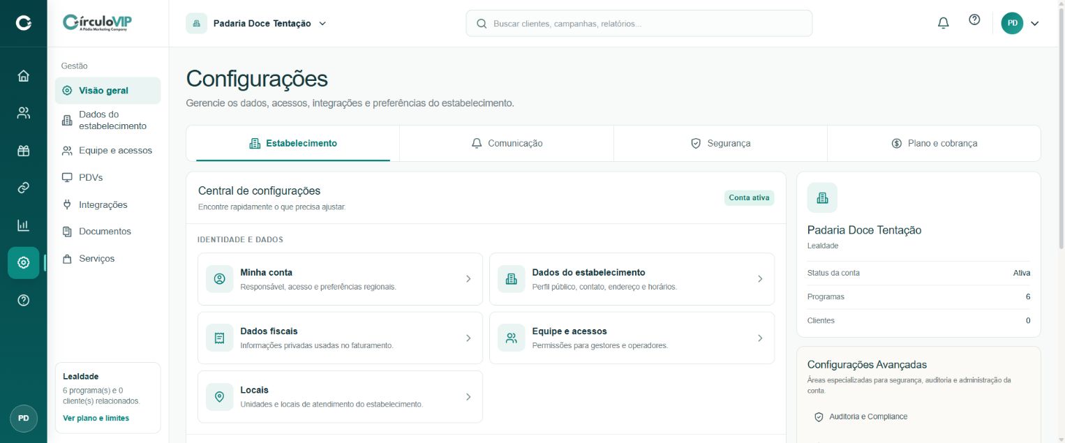 Tela real de configurações e integrações