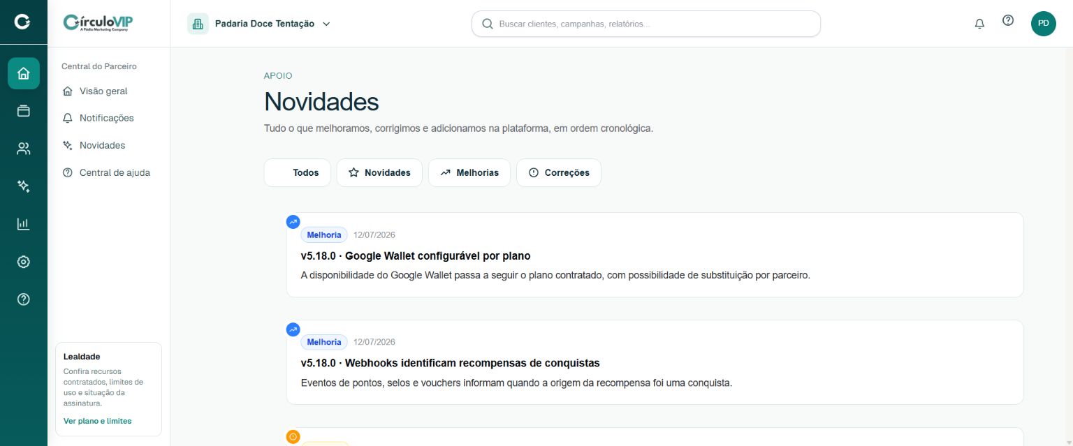 Novidades do produto